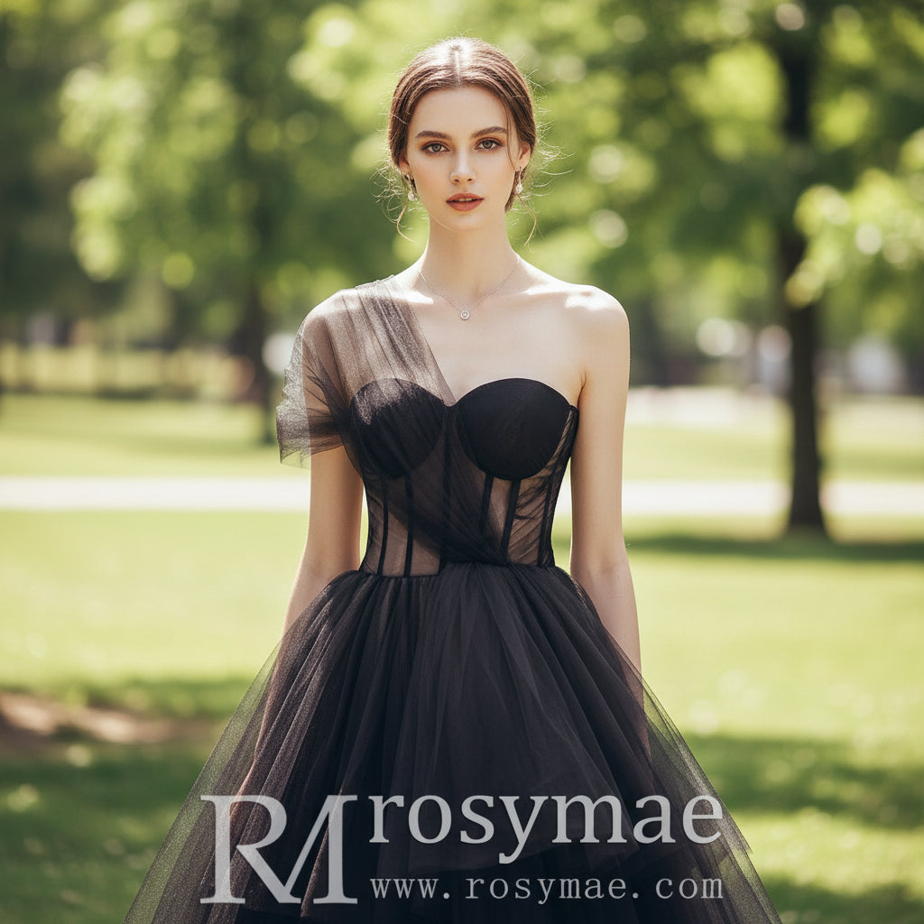 Sheer Bodice One Shoulder Ball Gown Black Wedding Dress for Women Rosymae Sheer Bodice One Shoulder Ball Gown Black Wedding Dress for Women Rosymae