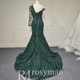One-Shoulder Hunter Green Mermaid Formal Gown - Rosymae