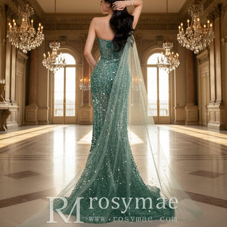 One Shoulder Hunter Green Sparkly Party Gown Evening Dress - Rosymae
