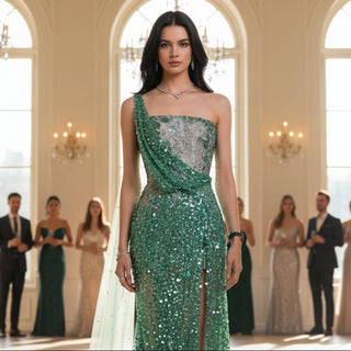 One Shoulder Hunter Green Sparkly Party Gown Evening Dress - Rosymae