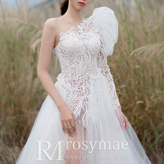 Elegant One Shoulder Long Sleeve Wedding Dresses with Leg Slit