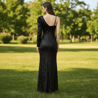 One Shoulder Long Sleeve Evening Dress with Leg Slit - Rosymae