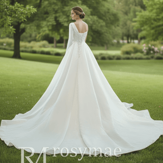 One Shoulder Long Sleeve Satin Wedding Dress with Overskirt - Rosymae