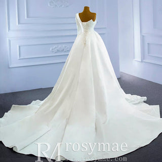 One Shoulder Long Sleeve Satin Wedding Dress with Overskirt - Rosymae