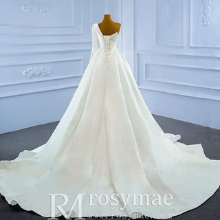 One Shoulder Long Sleeve Satin Wedding Dress with Overskirt - Rosymae