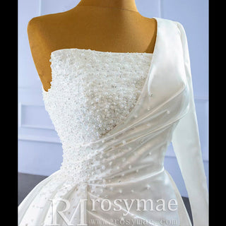 One Shoulder Long Sleeve Satin Wedding Dress with Overskirt - Rosymae