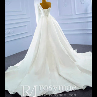 One Shoulder Long Sleeve Satin Wedding Dress with Overskirt - Rosymae