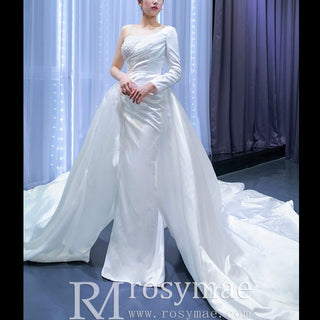 One Shoulder Long Sleeve Satin Wedding Dress with Overskirt - Rosymae