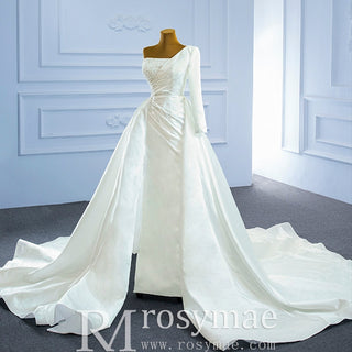 One Shoulder Long Sleeve Satin Wedding Dress with Overskirt - Rosymae