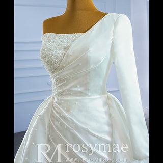 One Shoulder Long Sleeve Satin Wedding Dress with Overskirt - Rosymae