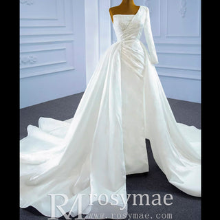 One Shoulder Long Sleeve Satin Wedding Dress with Overskirt - Rosymae