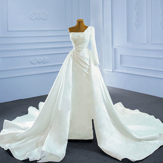 One Shoulder Long Sleeve Satin Wedding Dress with Overskirt - Rosymae