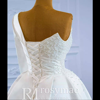 One Shoulder Long Sleeve Satin Wedding Dress with Overskirt - Rosymae