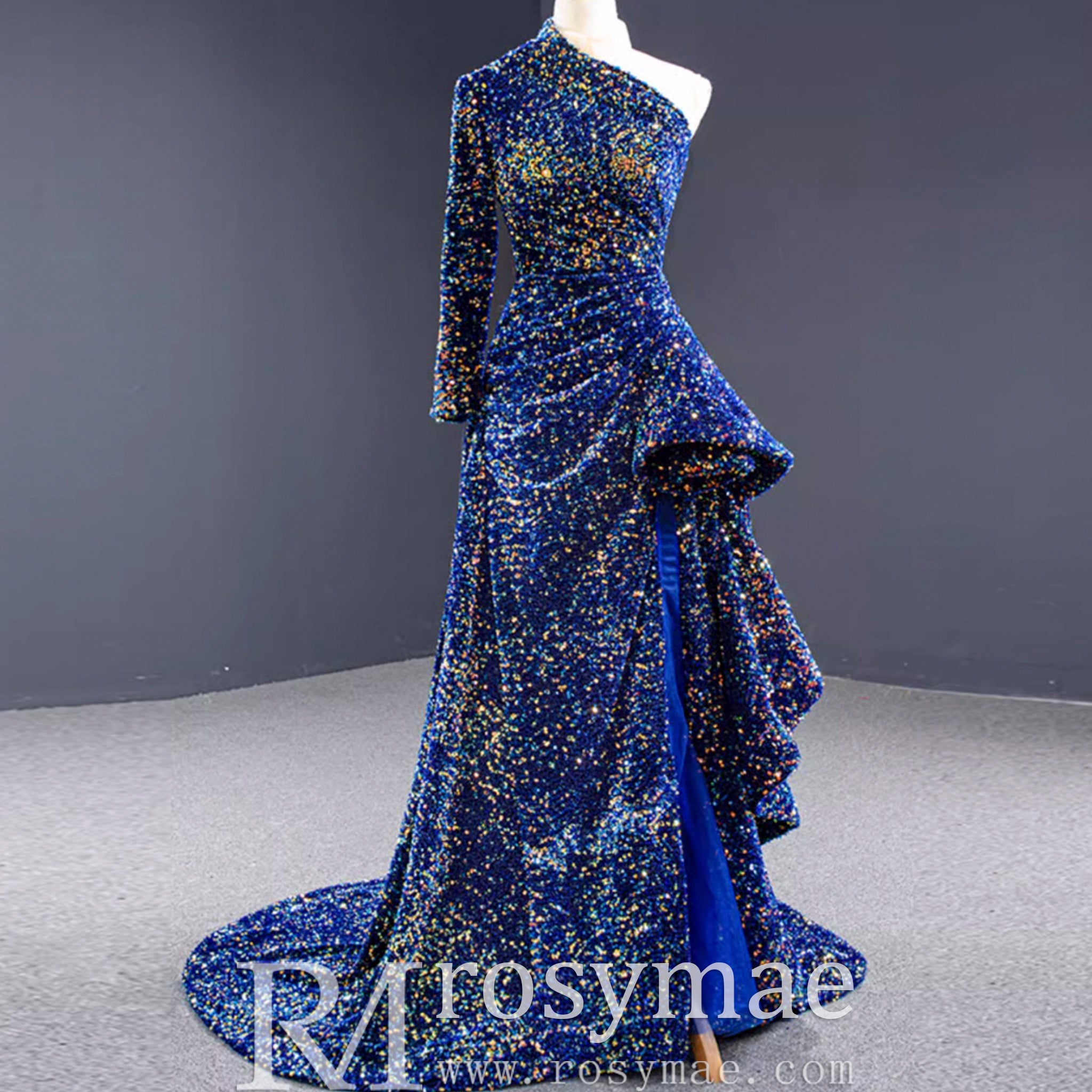 Mermaid Sequins One Shoulder Long Sleeve Ruffle Prom Dress Royal Blue / 4 Mermaid Sequins One Shoulder Long Sleeve Ruffle Prom Dress Royal Blue / 4