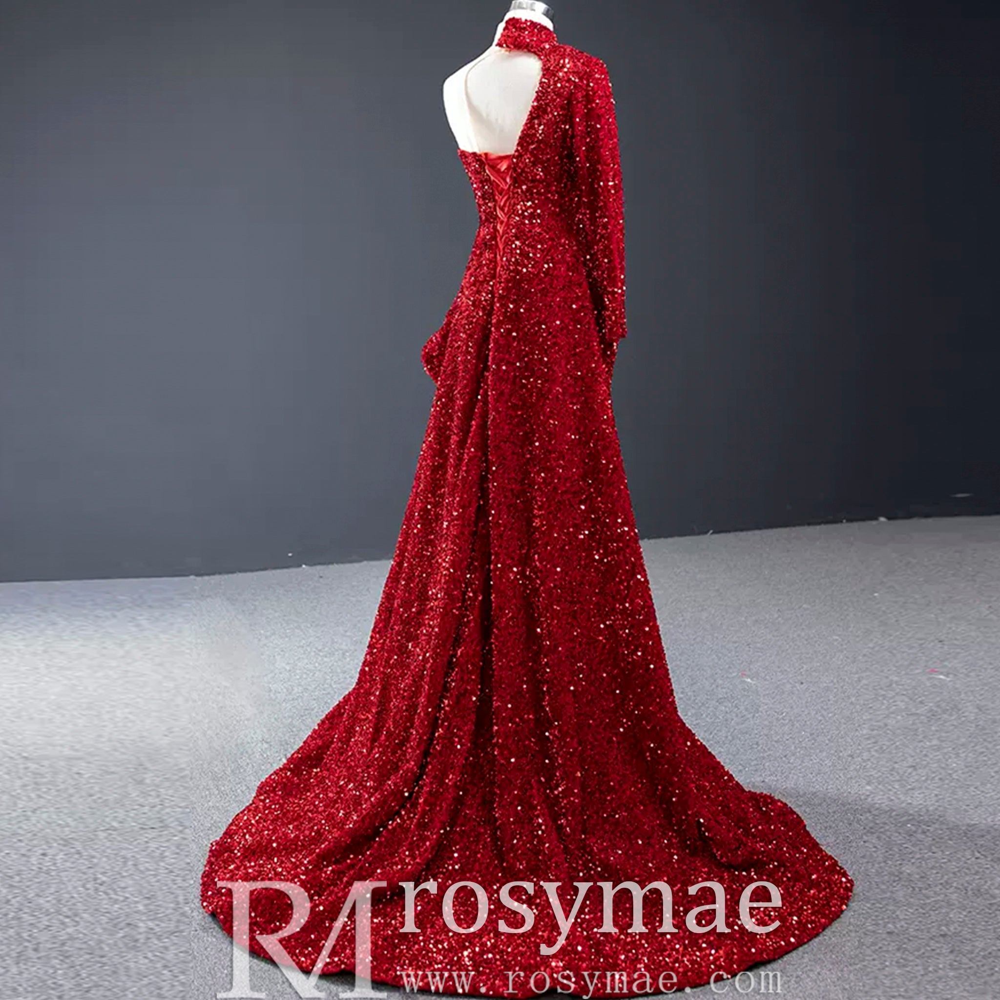 Mermaid Sequins One Shoulder Long Sleeve Ruffle Prom Dress Dark Red / 6 Mermaid Sequins One Shoulder Long Sleeve Ruffle Prom Dress Dark Red / 6