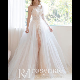 Elegant One Shoulder Long Sleeve Wedding Dresses with Leg Slit