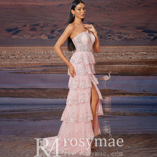 Modern One Shoulder Long Tulle Maxi Party Dress with Leg Slit