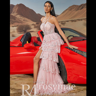 Modern One Shoulder Long Tulle Maxi Party Dress with Leg Slit