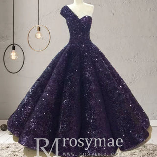 One Shoulder Puffy Skirt Sparkly Quinceanera Dresses - Rosymae