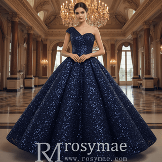 One Shoulder Puffy Skirt Sparkly Quinceanera Dresses - Rosymae