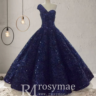 One Shoulder Puffy Skirt Sparkly Quinceanera Dresses - Rosymae