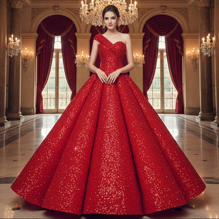 One Shoulder Puffy Skirt Sparkly Quinceanera Dresses - Rosymae