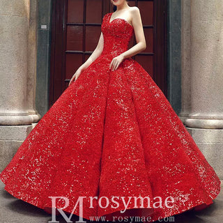 One Shoulder Puffy Skirt Sparkly Quinceanera Dresses - Rosymae