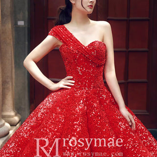 One Shoulder Puffy Skirt Sparkly Quinceanera Dresses - Rosymae