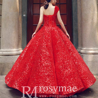 One Shoulder Puffy Skirt Sparkly Quinceanera Dresses - Rosymae