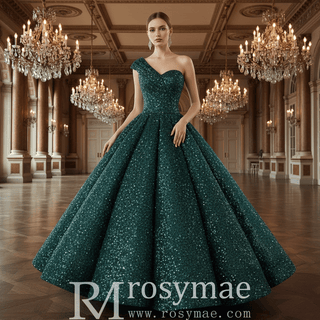 One Shoulder Puffy Skirt Sparkly Quinceanera Dresses - Rosymae