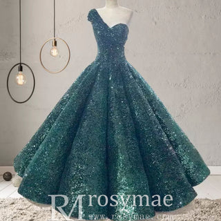 One Shoulder Puffy Skirt Sparkly Quinceanera Dresses - Rosymae