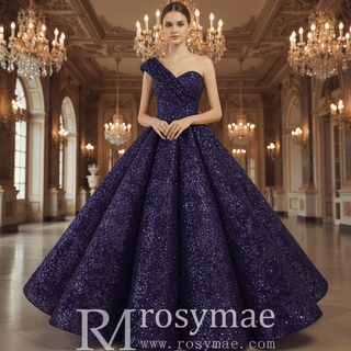 One Shoulder Puffy Skirt Sparkly Quinceanera Dresses - Rosymae