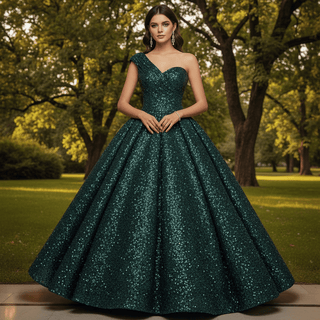 One Shoulder Puffy Skirt Sparkly Quinceanera Dresses - Rosymae