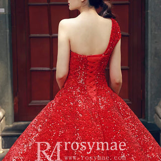 One Shoulder Puffy Skirt Sparkly Quinceanera Dresses - Rosymae