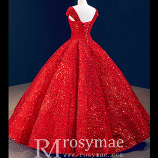One Shoulder Puffy Skirt Sparkly Quinceanera Dresses - Rosymae