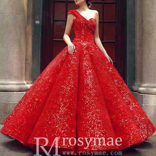 One Shoulder Puffy Skirt Sparkly Quinceanera Dresses - Rosymae
