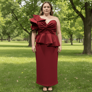 One-Shoulder Ruffled Mermaid Satin Bridal Two-Piece Dress - Rosymae