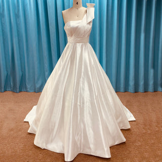 One Shoulder Strap A-line Satin Wedding Dress with Ruched Bodice
