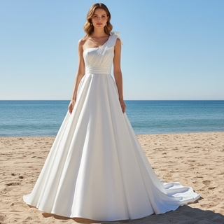 One Shoulder Strap A-line Satin Wedding Dress with Ruched Bodice