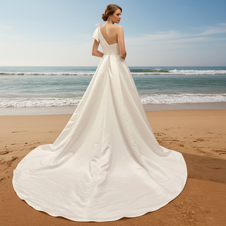 One Shoulder Strap A-line Satin Wedding Dress with Ruched Bodice