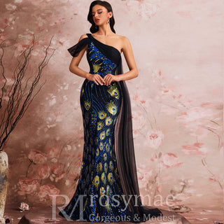 Black One-shoulder Sequin Party Dress with Peacock Pattern design