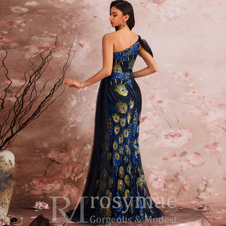 Black One-shoulder Sequin Party Dress with Peacock Pattern design