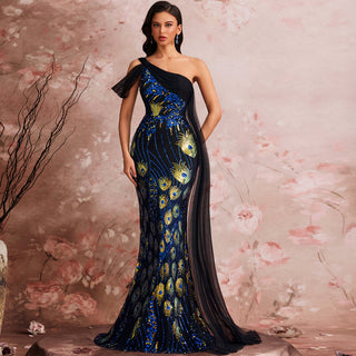 Black One-shoulder Sequin Party Dress with Peacock Pattern design