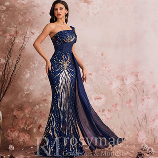 Black One-shoulder Sequin Party Dress with Peacock Pattern design