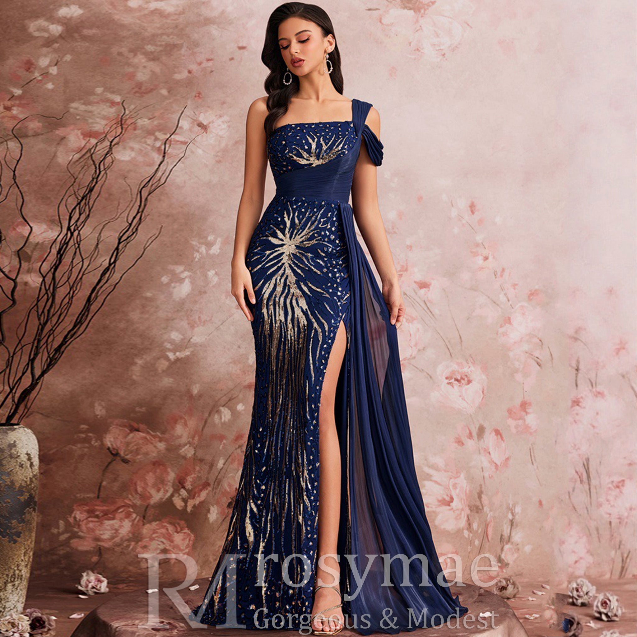 Classic One-shoulder Sequin Party Dress with Peacock Pattern Design Royal Blue / S Classic One-shoulder Sequin Party Dress with Peacock Pattern Design Royal Blue / S