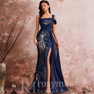 Black One-shoulder Sequin Party Dress with Peacock Pattern design