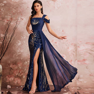 Black One-shoulder Sequin Party Dress with Peacock Pattern design