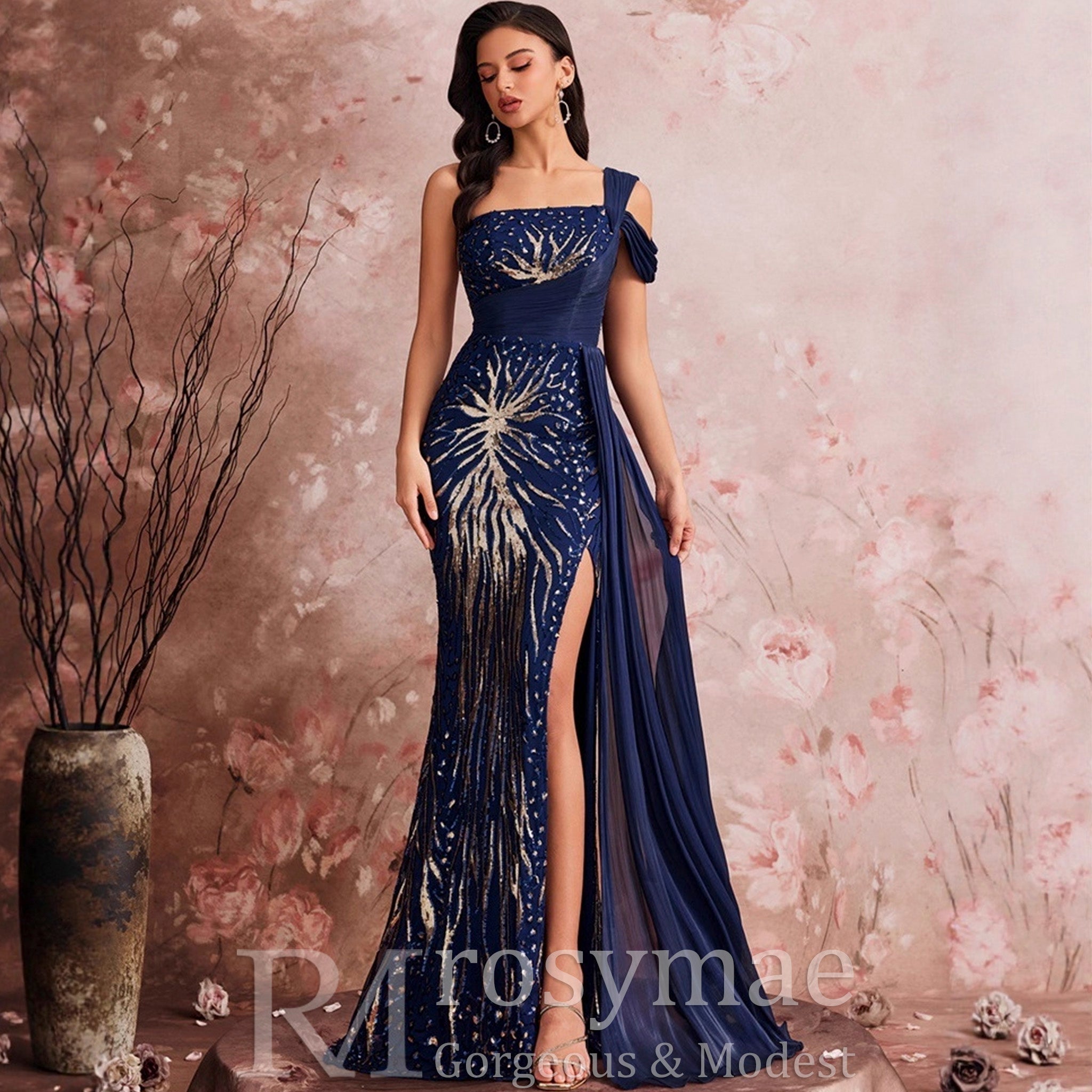 Classic One-Shoulder Sequin Party Dress with Peacock Pattern Design Royal Blue / S Classic One-Shoulder Sequin Party Dress with Peacock Pattern Design Royal Blue / S