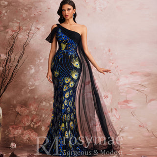 Black One-shoulder Sequin Party Dress with Peacock Pattern design