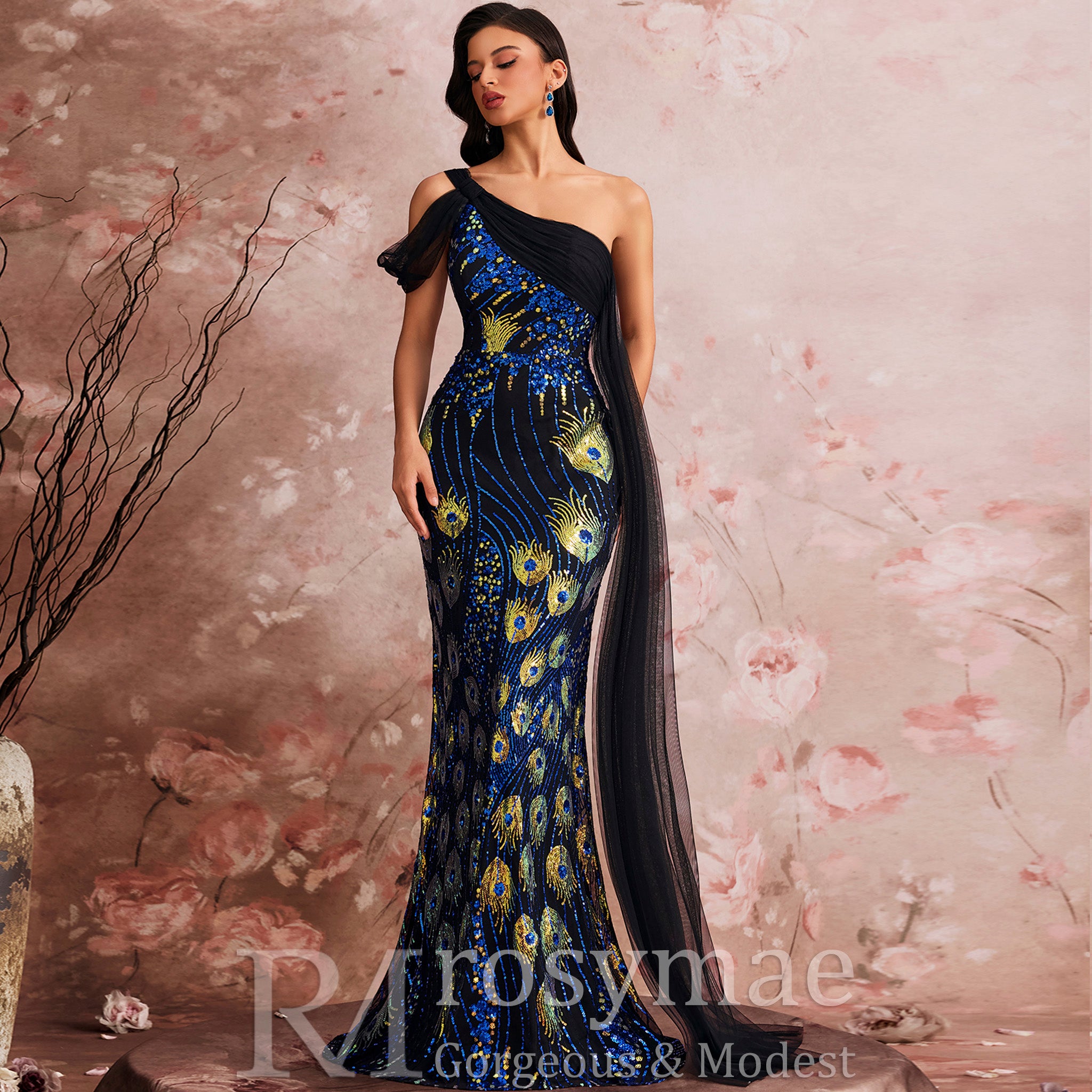 Classic One-shoulder Sequin Party Dress with Peacock Pattern design Rosymae Classic One-shoulder Sequin Party Dress with Peacock Pattern design Rosymae